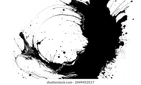 A black splatter ink background offers a striking and dynamic visual experience. Bold splashes and intricate patterns of black ink spread across the canvas, creating a sense of depth and movement. - Powered by Shutterstock