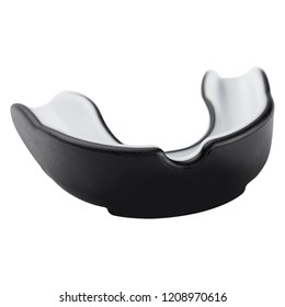 Black Sports Mouth Guard, Protection Of Teeth In Box Of Rubber On White Background