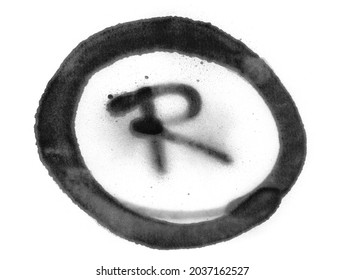 Black Spray Stain In Shape Trademark R Isolated On White Background, Photo With Clipping Path