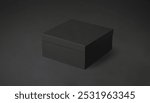 Black square box closed on a black background. Premium photo mockup for elegant and clean cardboard box product.