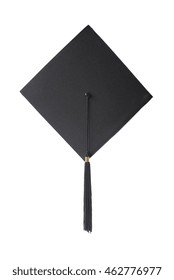 Black Square Graduate Hat With A Tassel Isolated On White Background; Top View