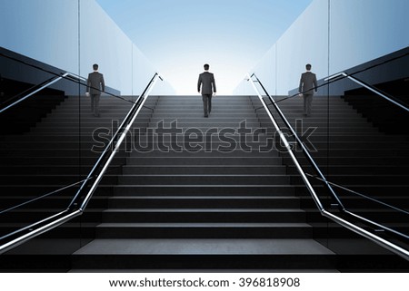 Black stairs in pedestrian subway with businessman and clear blue skies with sunshine. 3D Render