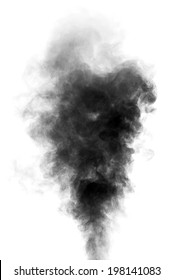 Black steam looking like smoke isolated on white background. Big cloud of black smoke.