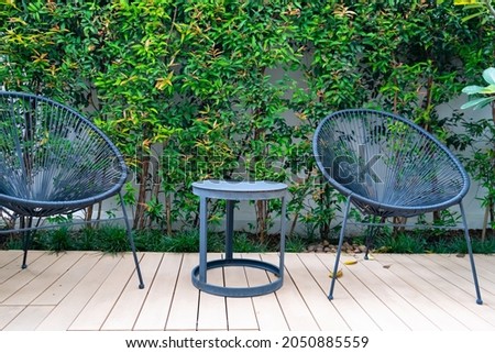 Black steel chairs or  field seat chair  and round table are all the patio furniture on the wooden terrace with dwarf tree wall and sunlight at the outdoor gardening.
