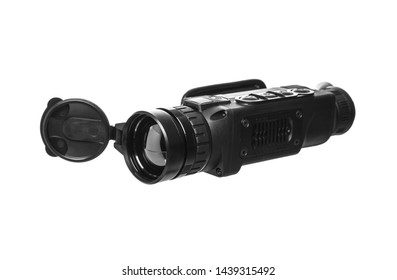 Black Steel Night-vision Monocular Army Devise On White Background. Night Vision Monocular Isolated On A White Back.