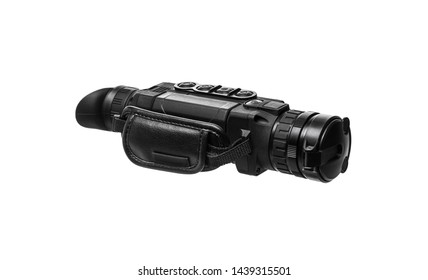 Black Steel Night-vision Monocular Army Devise On White Background. Night Vision Monocular Isolated On A White Back.