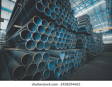 Black steel pipe for construction materials, steel, which is a group of construction steel products, 6 meters long, concept image or sample image of a steel product. - Powered by Shutterstock