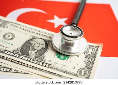 Black Stethoscope With US Dollar Banknotes On Turkey Flag Background, Business And Finance Concept.