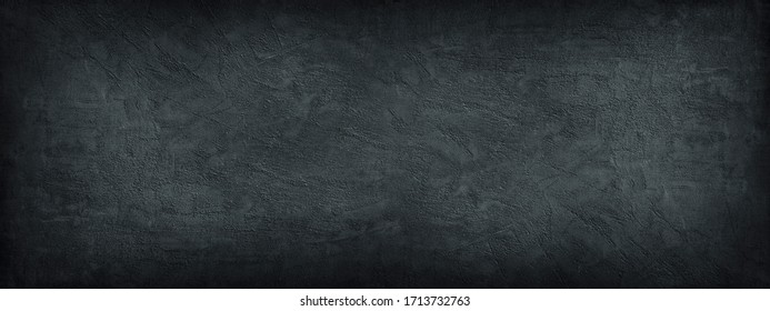 Black Stone Background. Dark Gray Wide Banner With Concrete Wall Surface Texture.