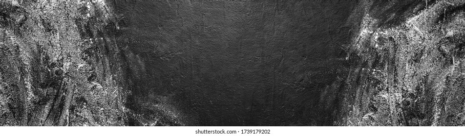 Black Stone Background, Dark Grey Cement Texture With Flour. Layout With Free Text Space. Backdrop For Cooking Food. Top View, Flat Lay, Wide Composition