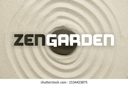 Black Stone On Sand In Zen Garden, Top View