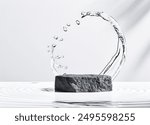 Black Stone Podium with Water Splash, Ideal Mock-Up for Cosmetic Product Presentation. 3d Rendering