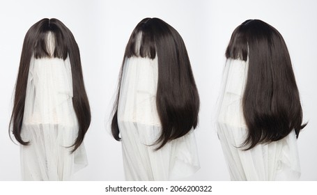 Black Straight Short  Hair Wig On Mannequin Head Over White Background Isolated, Set Of Three To Show Many Angle Of Hair Style Wave And Light Point Of View