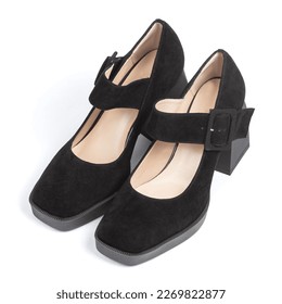 Black suede comfortable leather classic evening women's shoes with a strap on a thick square heel on a white background - Powered by Shutterstock