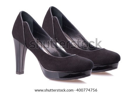 Black suede high heel shoes isolated on white background.Side view.