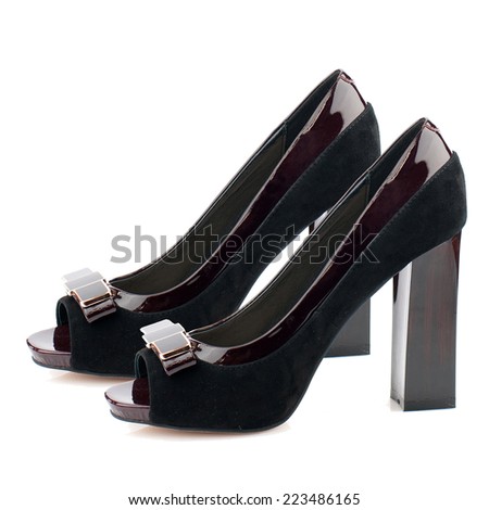 Black suede high heel women shoes isolated on white background.  