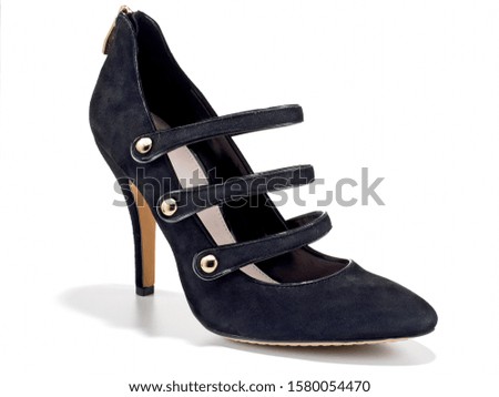 Black suede pointed toe heel with three straps on white background