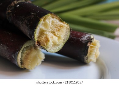 Black Sugarcane Cuttings With Leaves In Plate