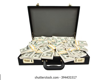 black suitcase full of hundred dollar isolated on white