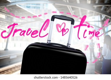 Black Suitcase And Handle Isolated On Urban Background With Writting Digital Text TRAVEL TIME. Trunk Luggage Over Text And Signs. Concept Summer Travel Time And Holiday Adventure Trip