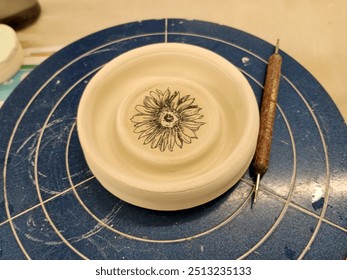 Black sunflower etched on a pottery piece - Powered by Shutterstock