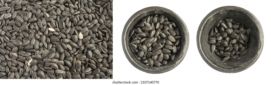 Black Sunflower Seeds Piles Isolated. Unpeeled Sun Flower Grains Texture Background Top View