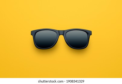 Black sunglasses on yellow background, top view, flat lay, minimalistic concept of summer, vacation