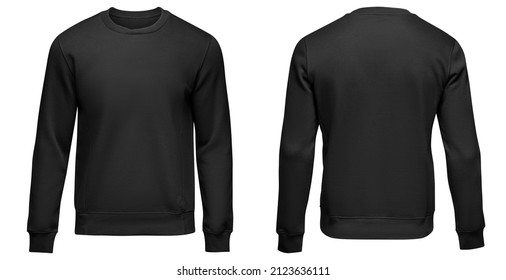 Black sweatshirt template. Pullover blank with long sleeve, mockup for design and print. Sweatshirt front and back view isolated on white background