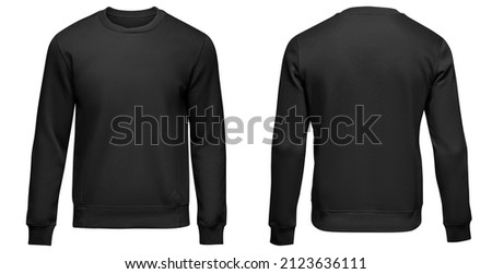 Black sweatshirt template. Pullover blank with long sleeve, mockup for design and print. Sweatshirt front and back view isolated on white background