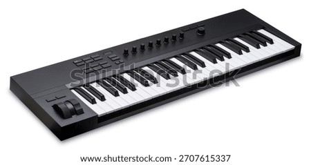 Black Synthesizer or MIDI controller keyboard is shown, featuring keys, knobs, and control buttons isolated on white background, Keyboard on White Background With clipping path.