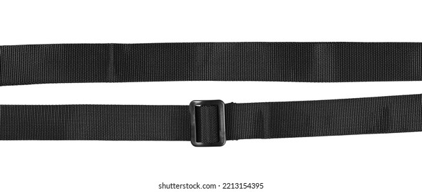 Black synthetic nylon fastening belt, strap isolated on white, top  view