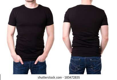 Black t shirt on a young man template on white background
