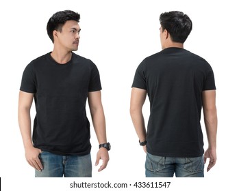 Black T Shirt On A Young Man Template On White Background.