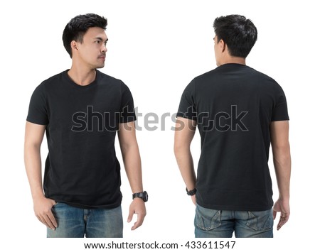 Black t shirt on a young man template on white background.
