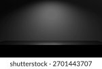 black table empty podium display for products and advertisement - luxury black place background for presentations and placement with spotlight and minimalistic forms. Showcase tabletop studio display