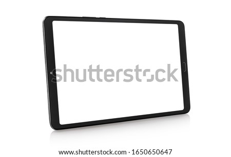 Black tablet computer with blank screen, isolated on white background