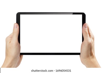 Black tablet computer in male hands, isolated on white background - Shutterstock ID 1696054531