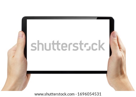 Black tablet computer in male hands, isolated on white background