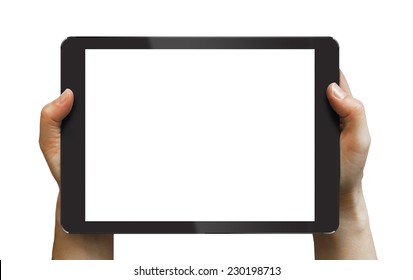 Black Tablet In Woman's Hands Isolated On White In Horizontal Mode