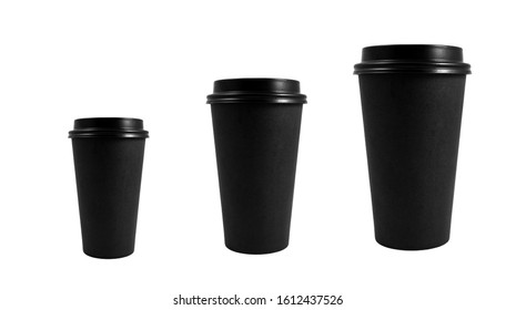 Black takeaway paper coffee cup different sizes isolated on white background, coffee to go illustration