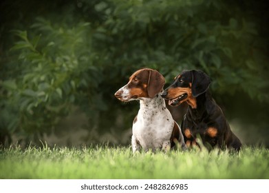 black and tan dachshund and piebald dachshund sitting and looking to one side, portraits of dogs on a natural background