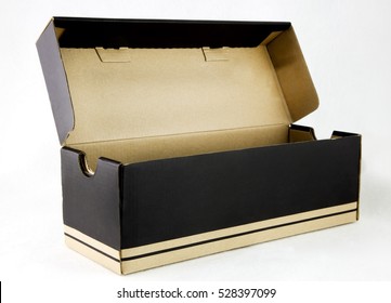 Black And Tan Shoe Box. Side And Front Angle View. Lid Open. Horizontal. 