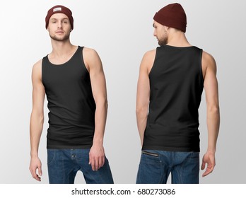 Black Tank Top On A Young Man In Jeans And Hat, Isolated, Front And Back, Mockup.