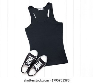 Black Tank Top With Sneakers On A White Background - Tank Top Mockup For Your Design