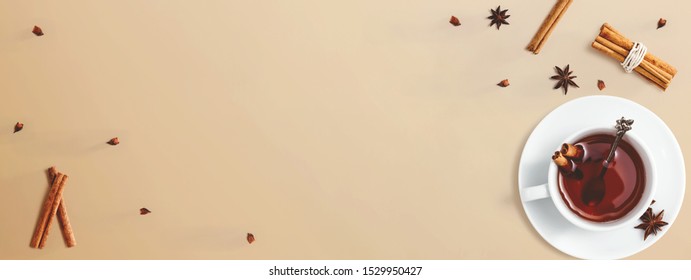 Black Tea With Cinnamon Sticks And Star Anise - Overhead View