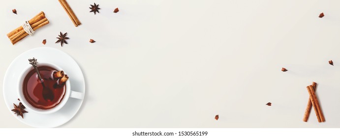 Black Tea With Cinnamon Sticks And Star Anise - Overhead View