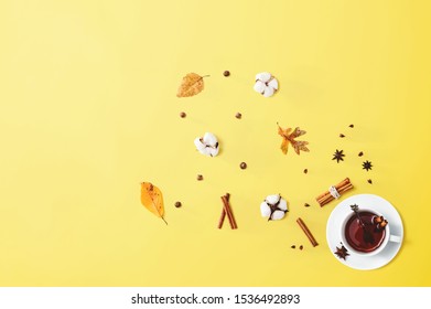 Black Tea With Cinnamon Sticks And Star Anise - Overhead View