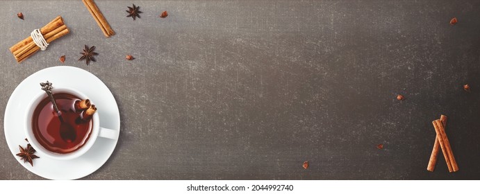 Black Tea With Cinnamon Sticks And Star Anise - Overhead View