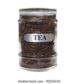  Black Tea In Glass Jar Isolated On White