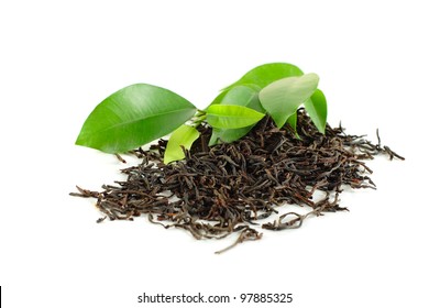 Black Tea With Green Leaf Isolated On White